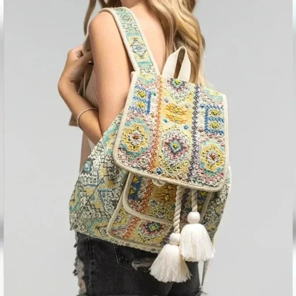 New! Boho Embroidered Jacquard Backpack - Picture 1 of 12
